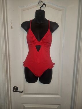 Red Ruffle Detail Kids One-Piece Swimsuit